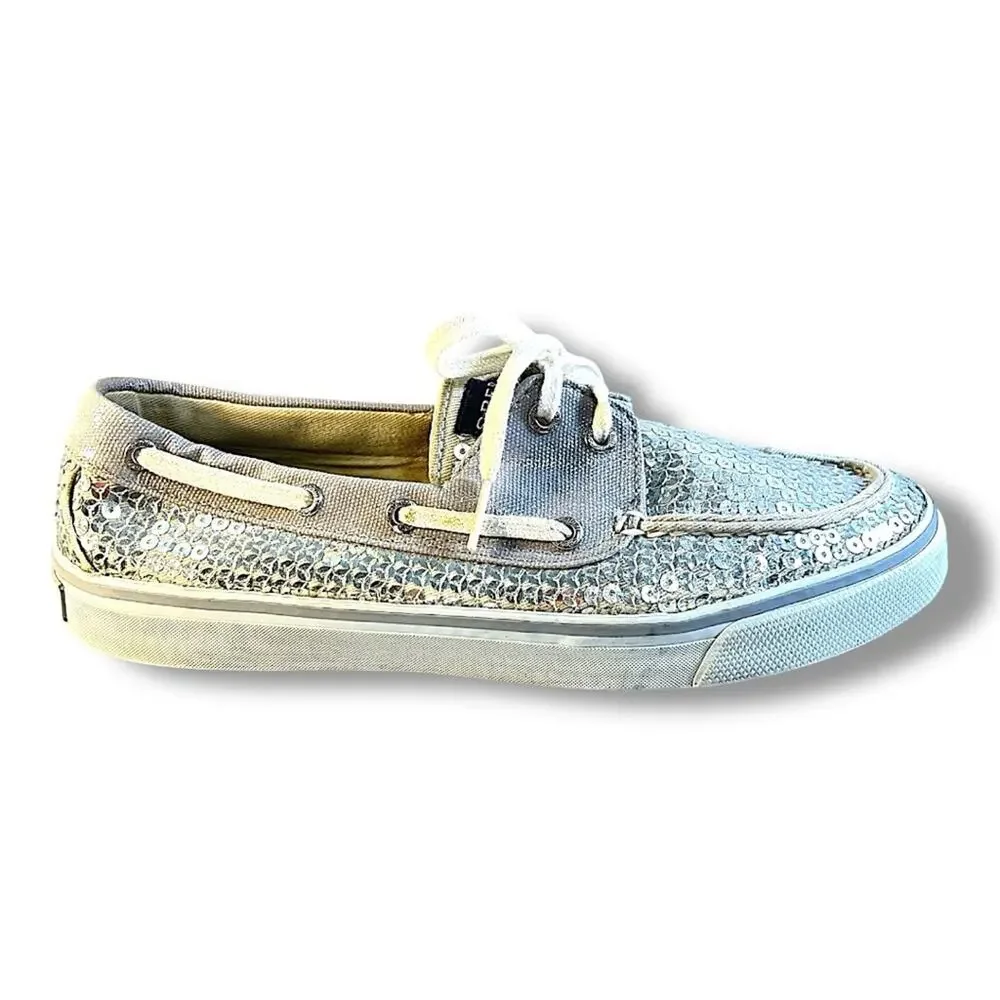 SPERRY TOP SIDERS Silver Sequin and Ivory or beige SZ 7.5